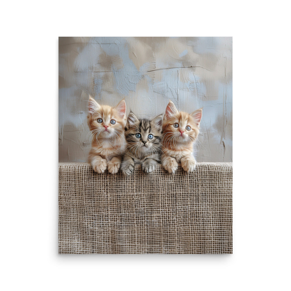 Trio de chatons sur une clôture en jute Affiche