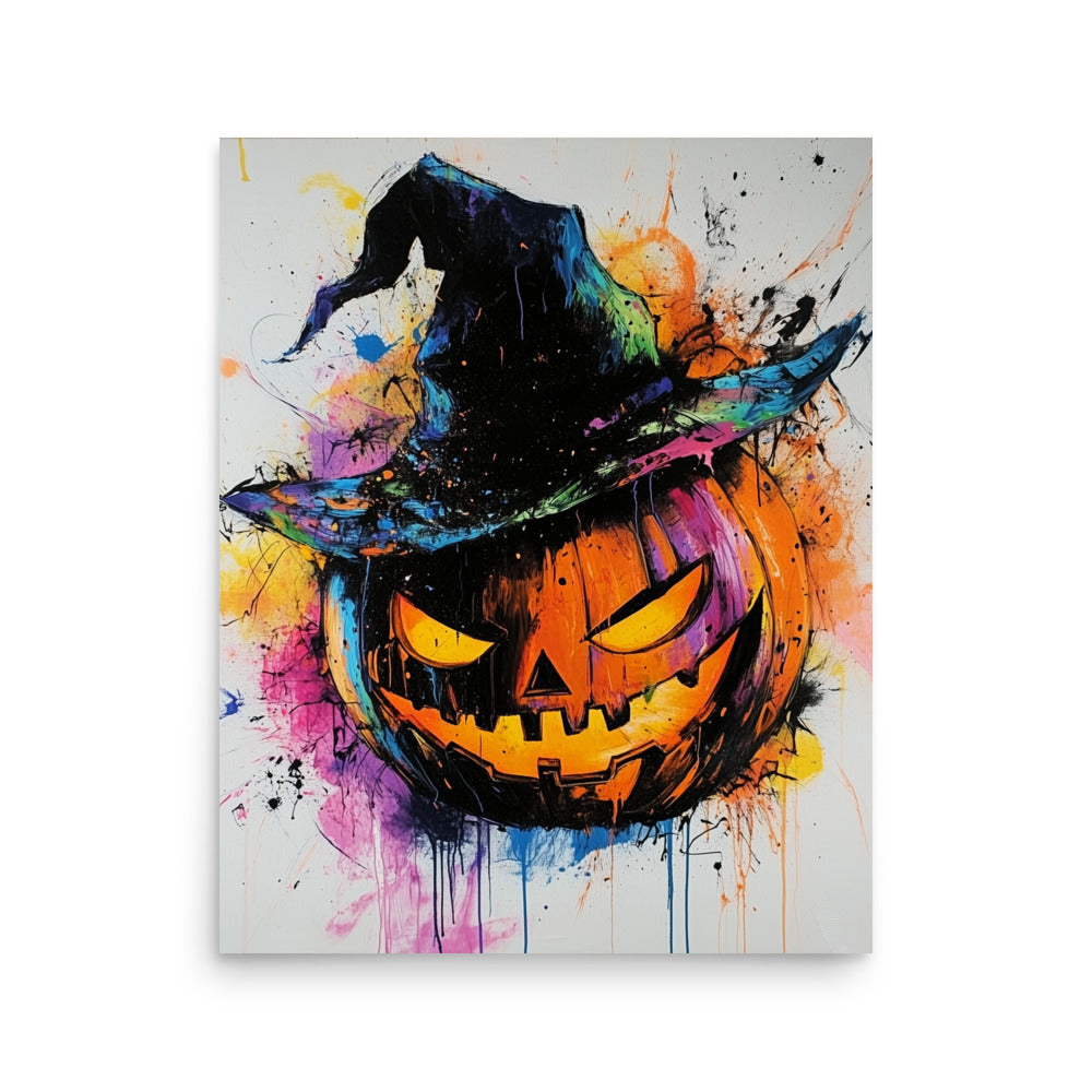 Vibrant Halloween Jack-O'-Lantern Colorful Witch Hat Pumpkin Poster