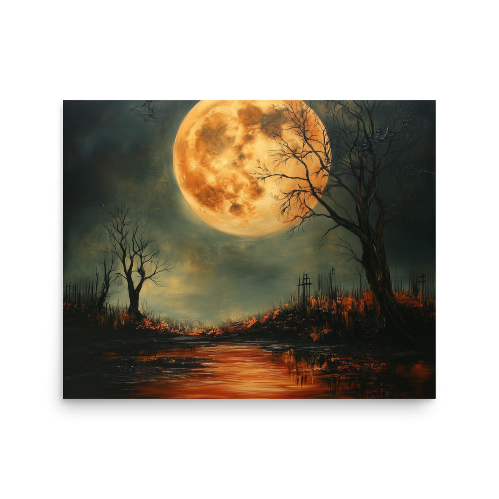 Haunted Full Moon – Spooky Landscape with Reflections Poster