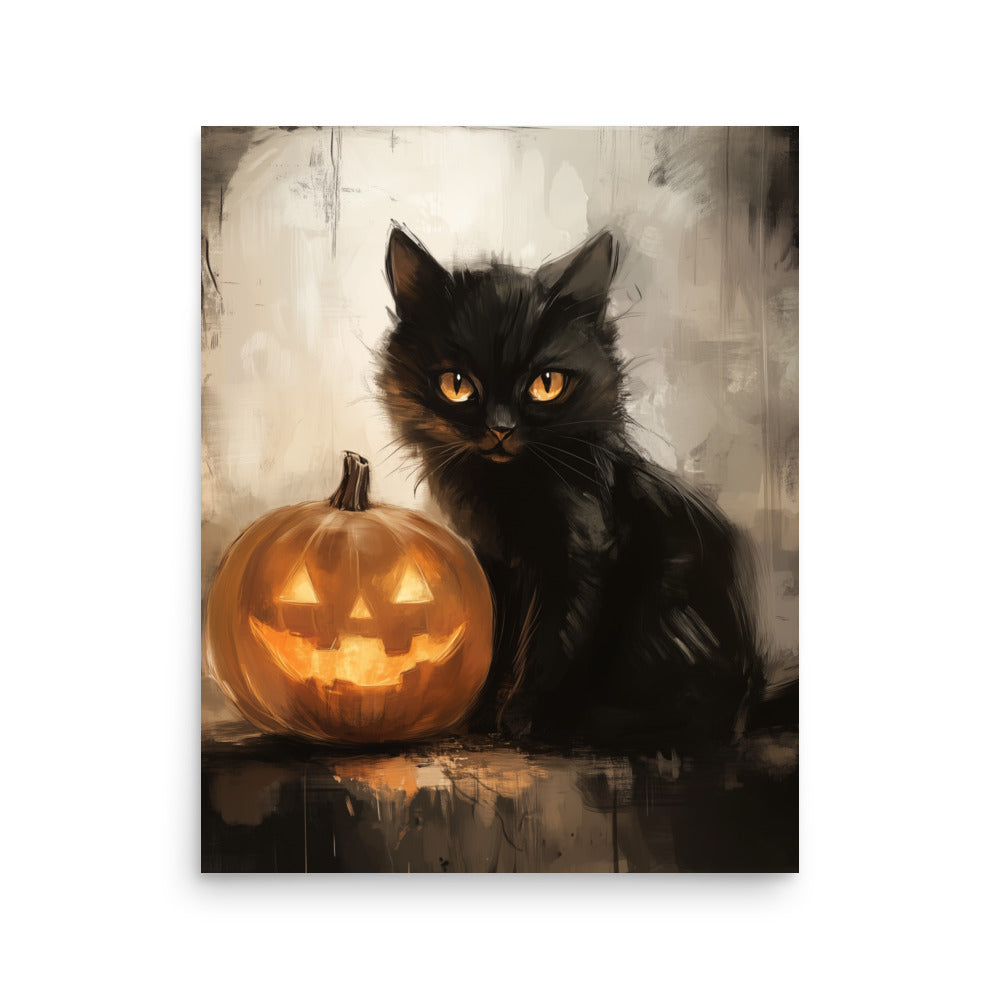 Black Cat and Pumpkin Halloween Portrait Poster