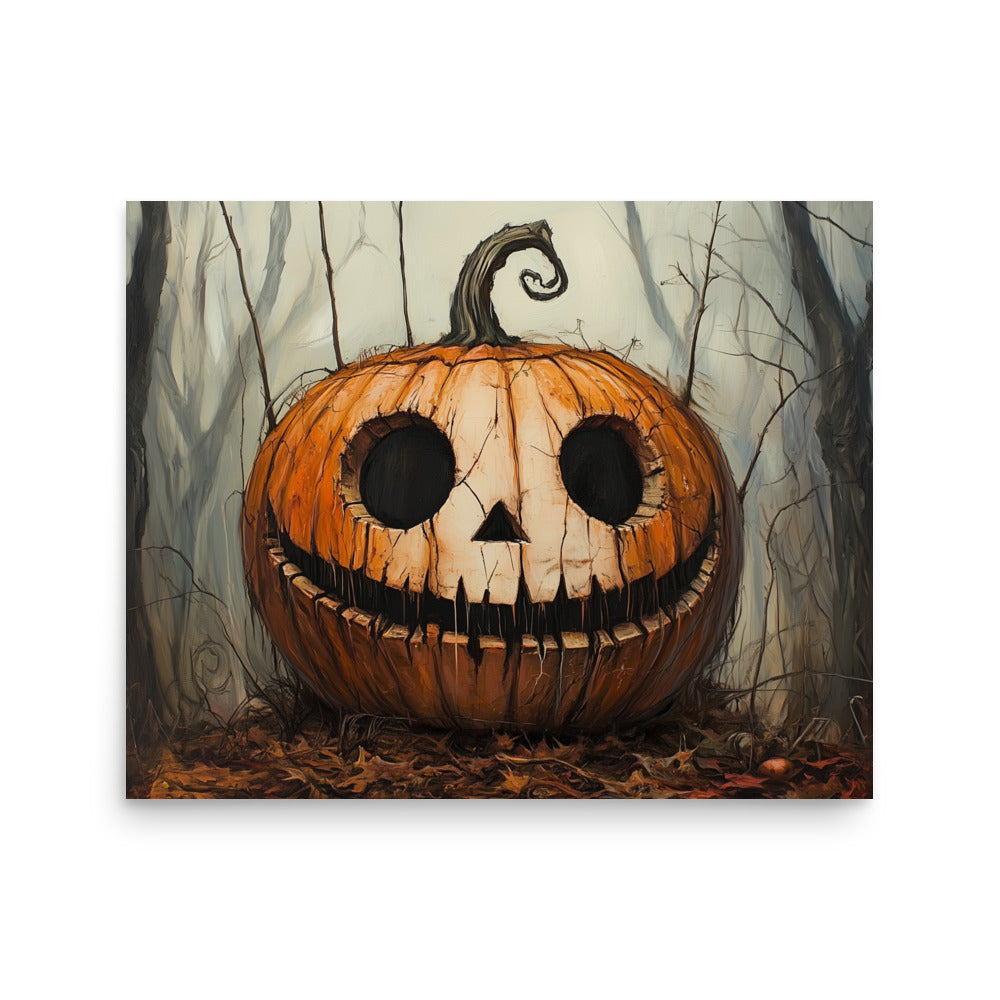 Creepy Smiling Pumpkin in Dark Forest Poster