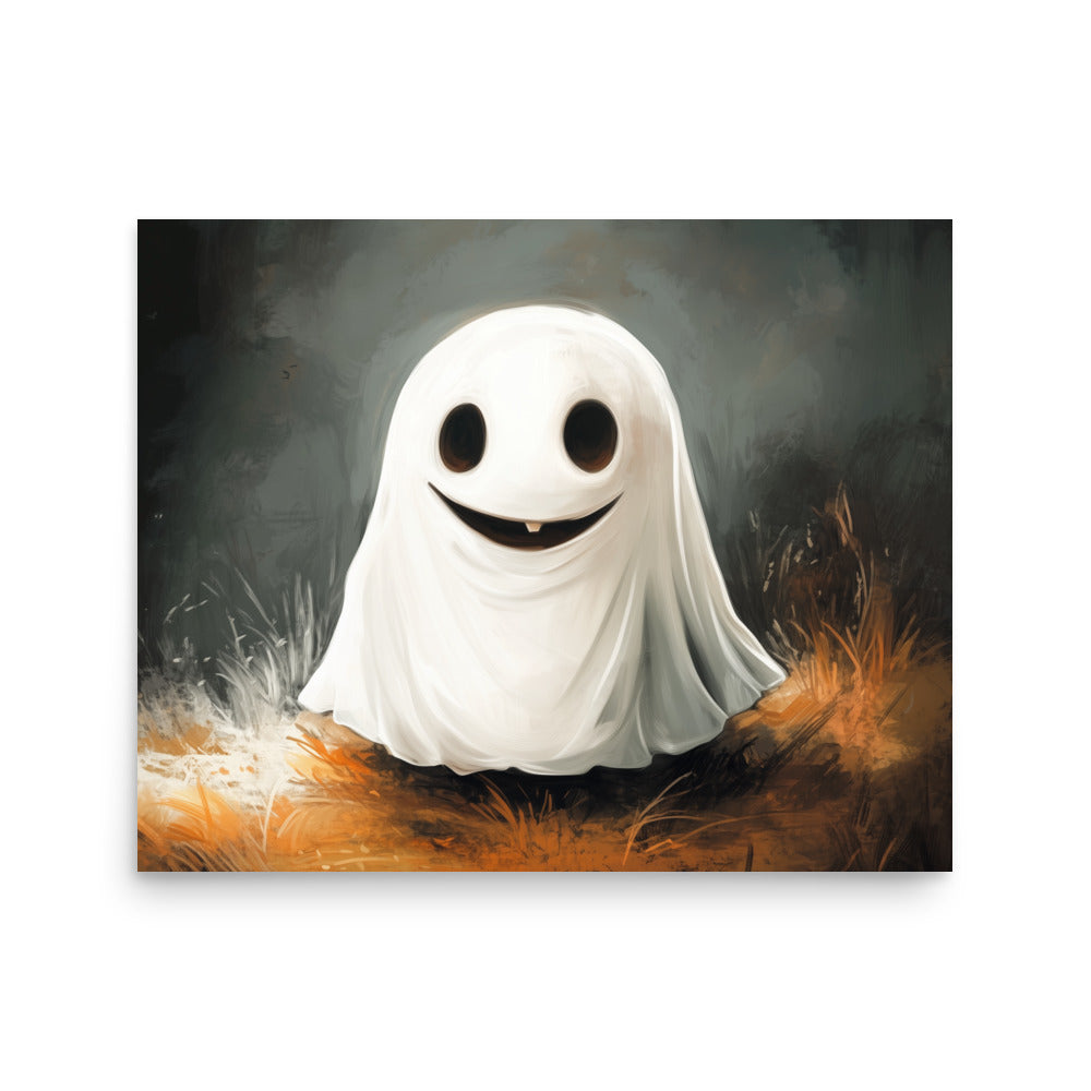 Cute Smiling Ghost in Yellow Grass Poster