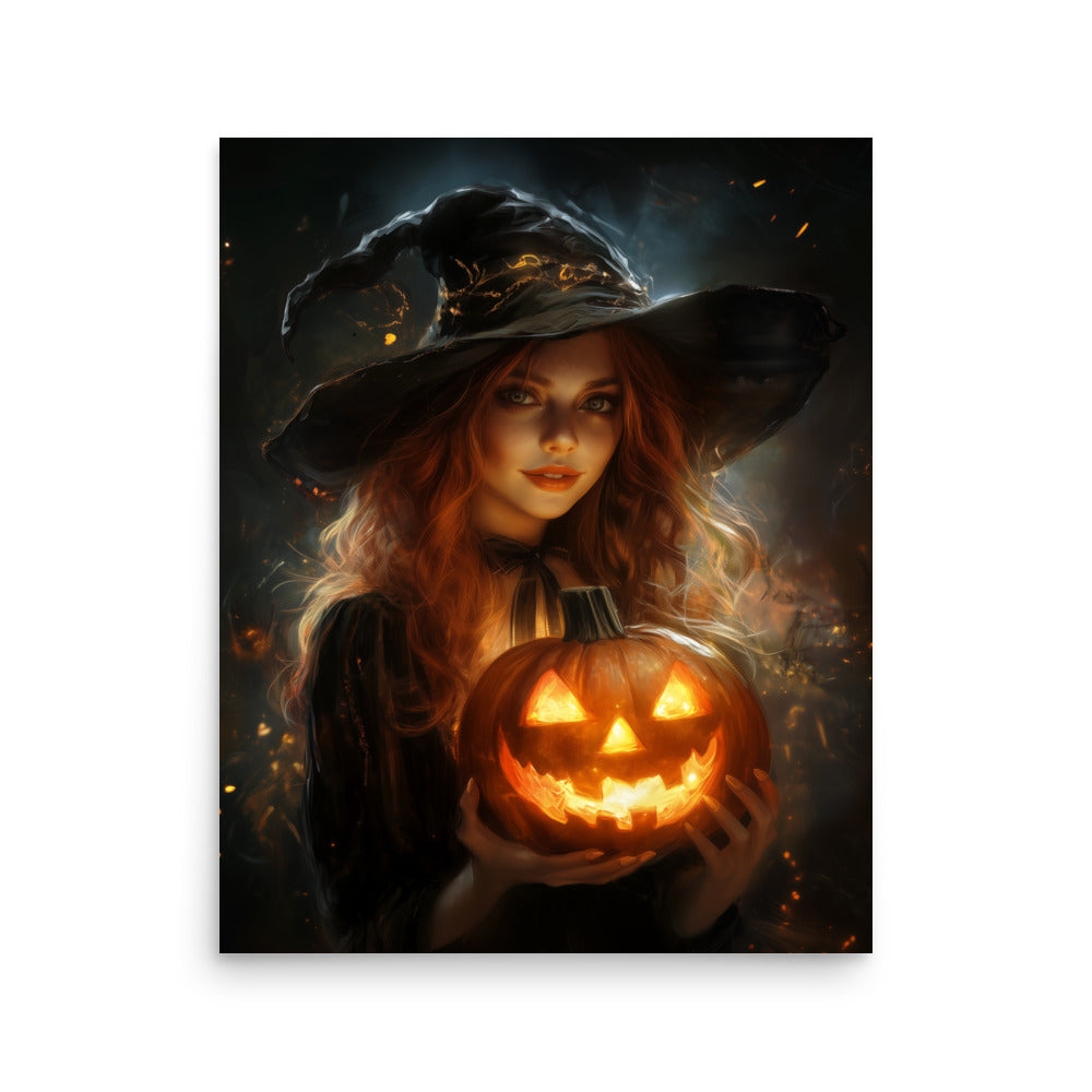 Beautiful Redhead Witch Holding Carved Pumpkin Poster