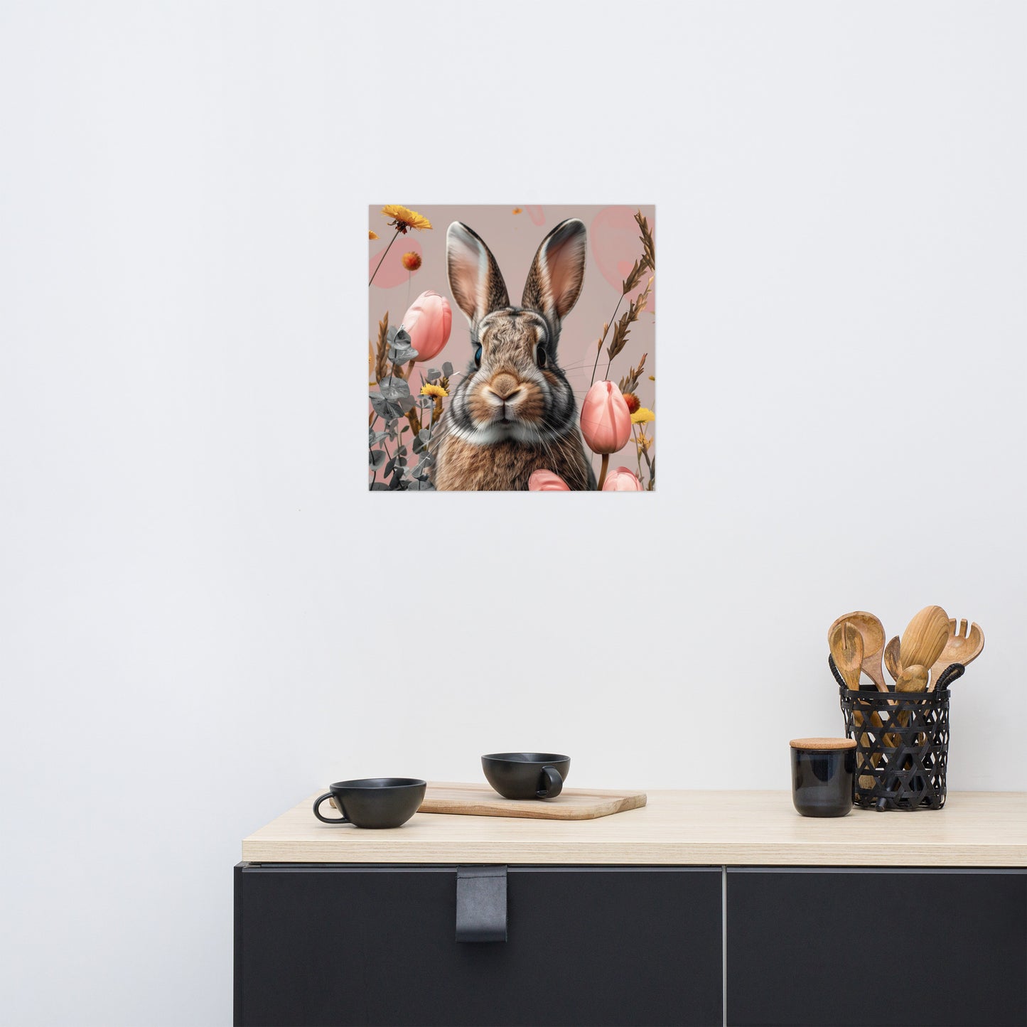 Brown bunny rabbit in tulips Poster