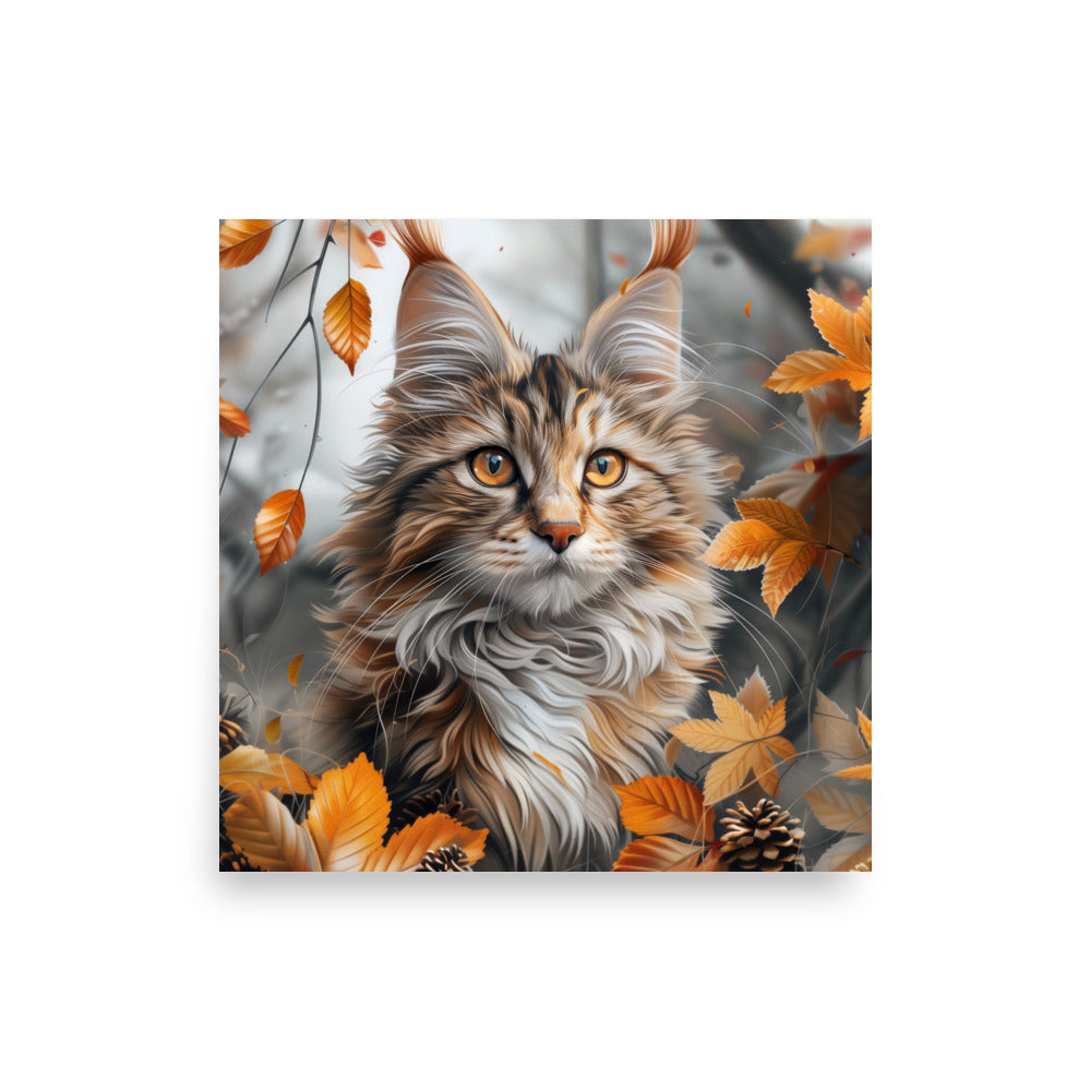 Main coon cat portrait in autumn leaves Poster