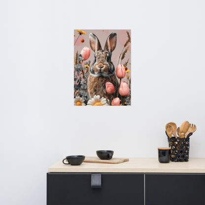 Brown bunny rabbit in tulips Poster