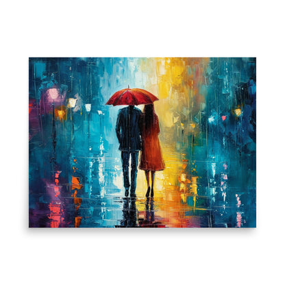 Couple of lovers under the rain at night sharing an umbrella - Poster