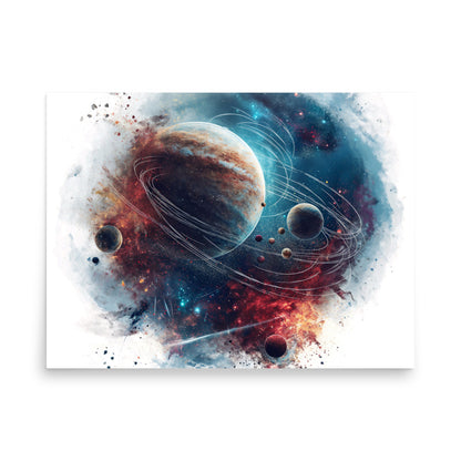 Watercolor space scene with gas giant planet, moons and stars - Poster