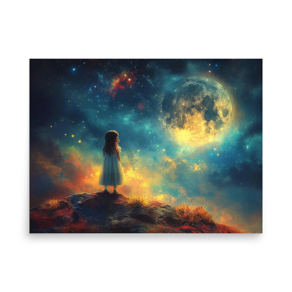 Petite fille souhaitant sous les étoiles et la pleine lune - Affiche