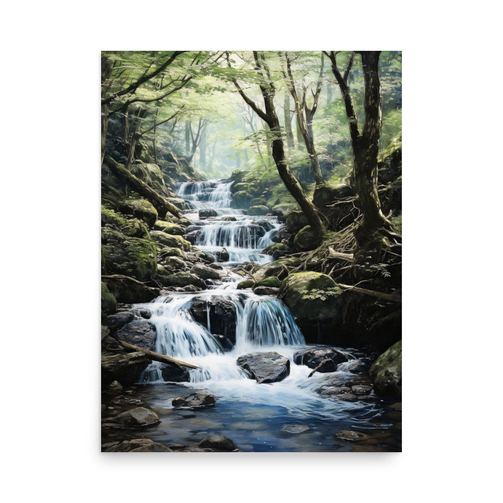 Forêt luxuriante et ruisseau d'eau Affiche