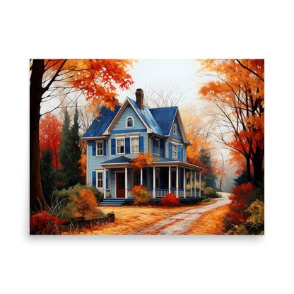 Maison de campagne bleue en automne Affiche