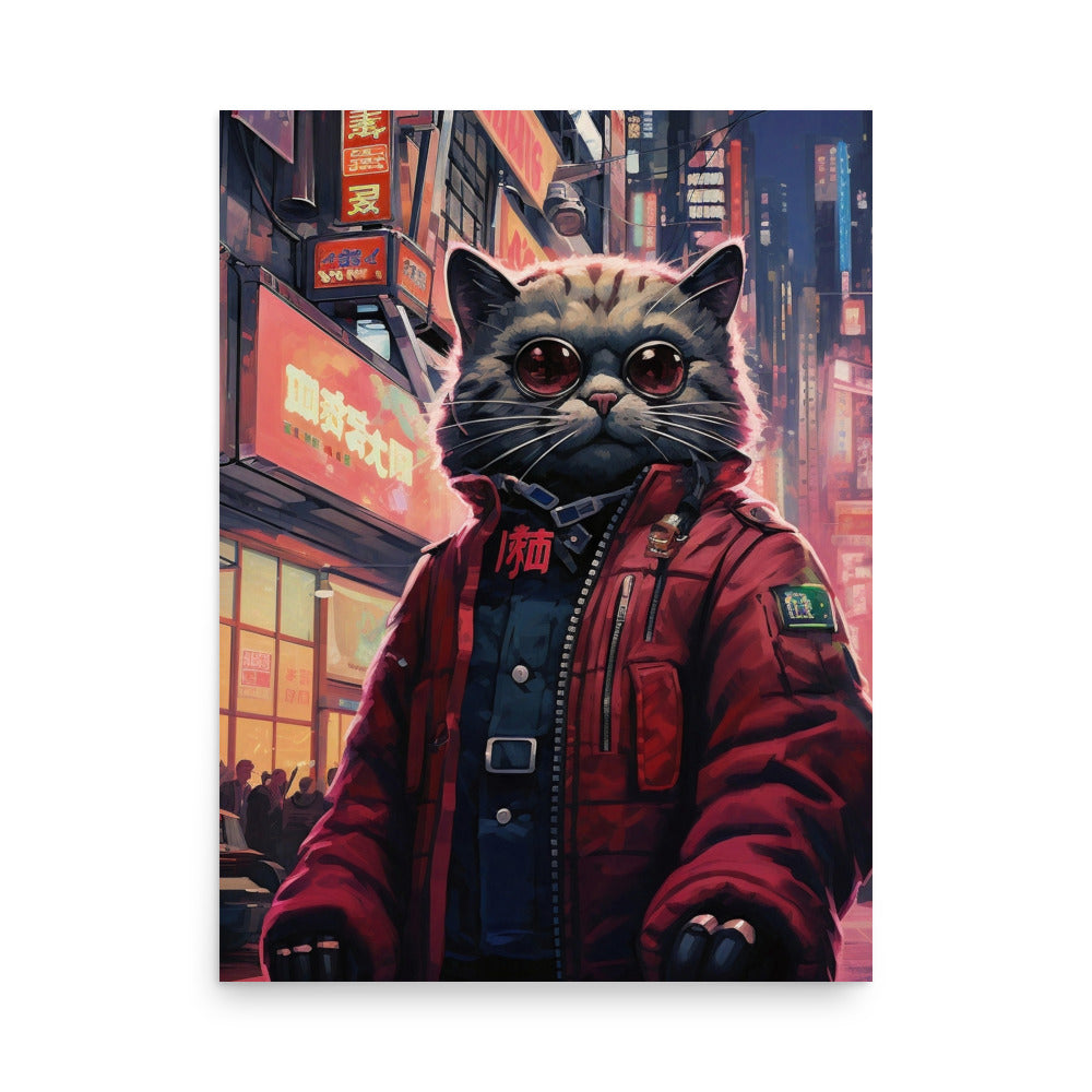 Neo-Tokyo cyberpunk cat Poster