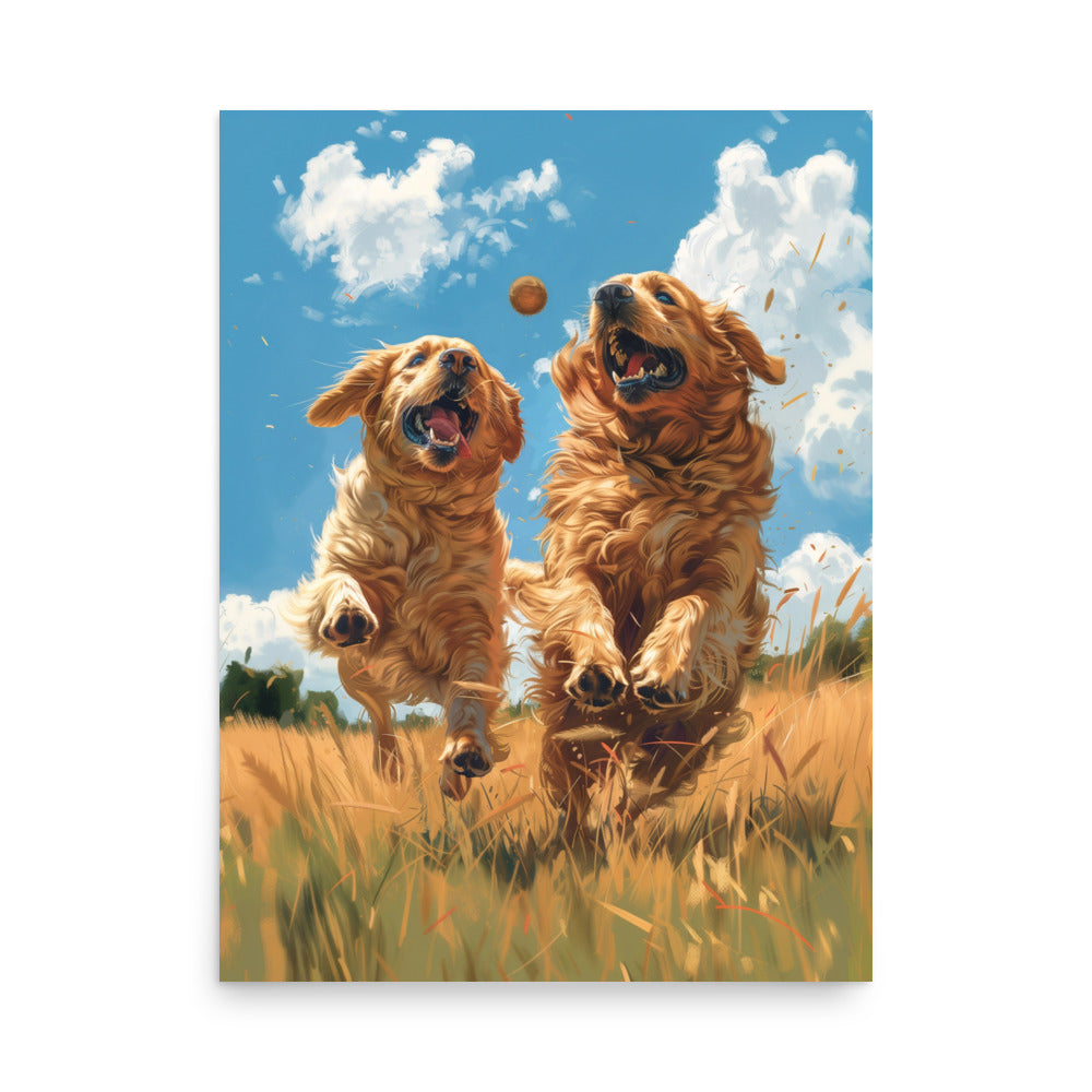 Two golden retriever dogs playing in a field Poster