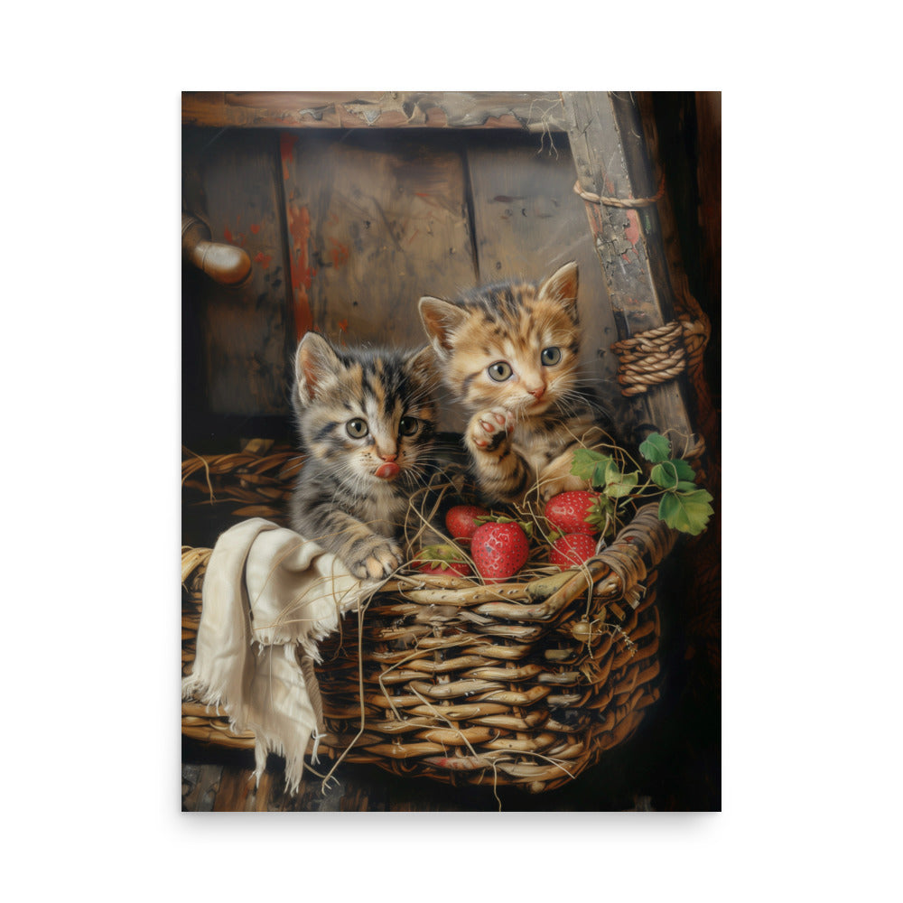 Chatons dans un panier en osier et des fraises Affiche