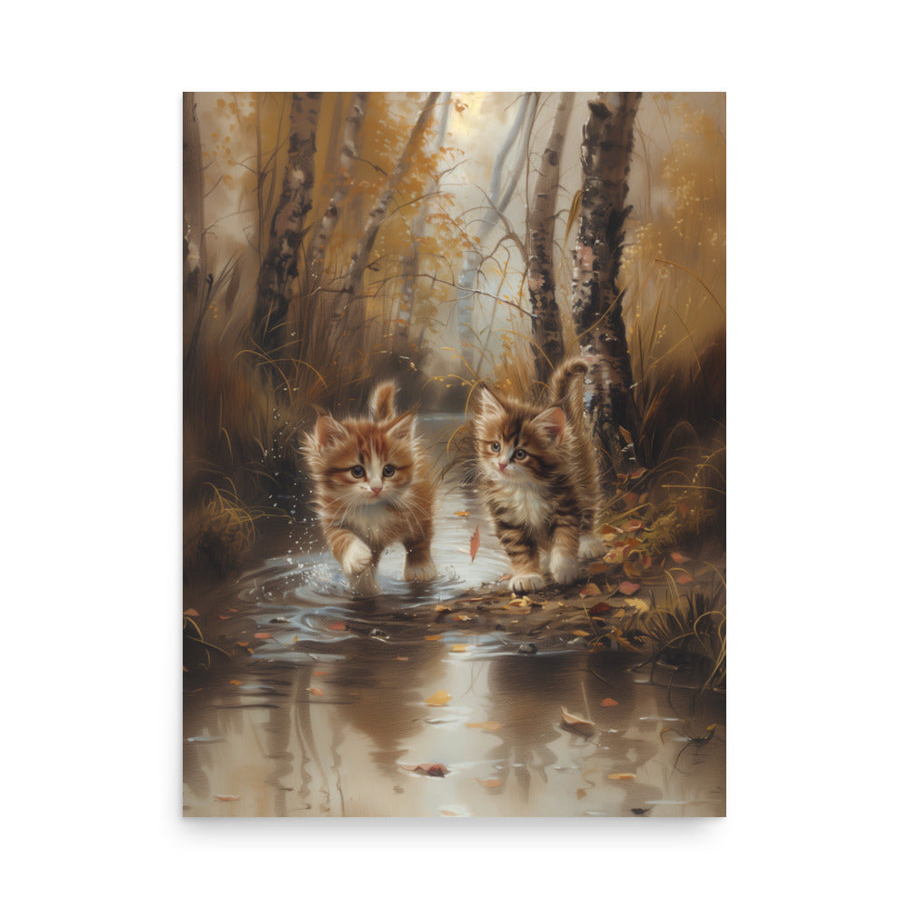 Two tabby kittens exploring the forest Poster