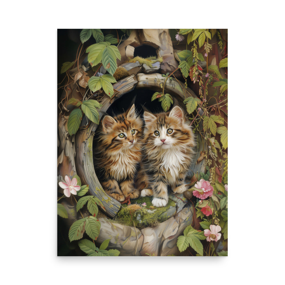 Two tabby kittens in a wooden pipe Poster