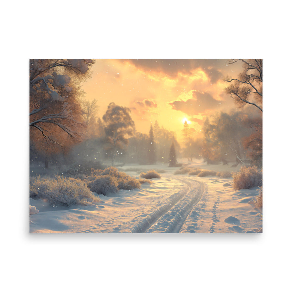 Snowy road at dawn Poster