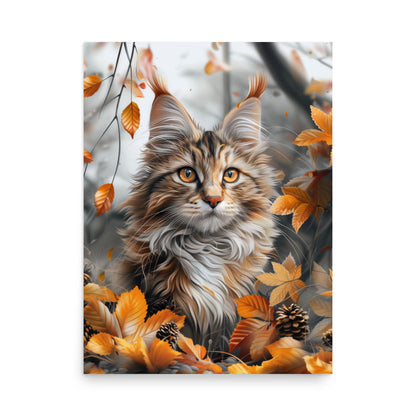 Portrait de chat Maine coon dans les feuilles d'automne Affiche