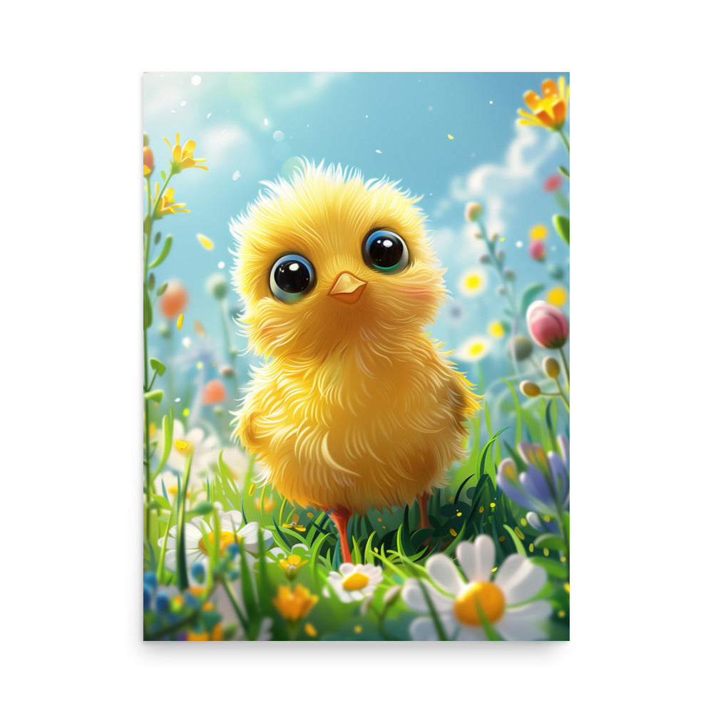 Cartoon yellow chick in summer field Poster