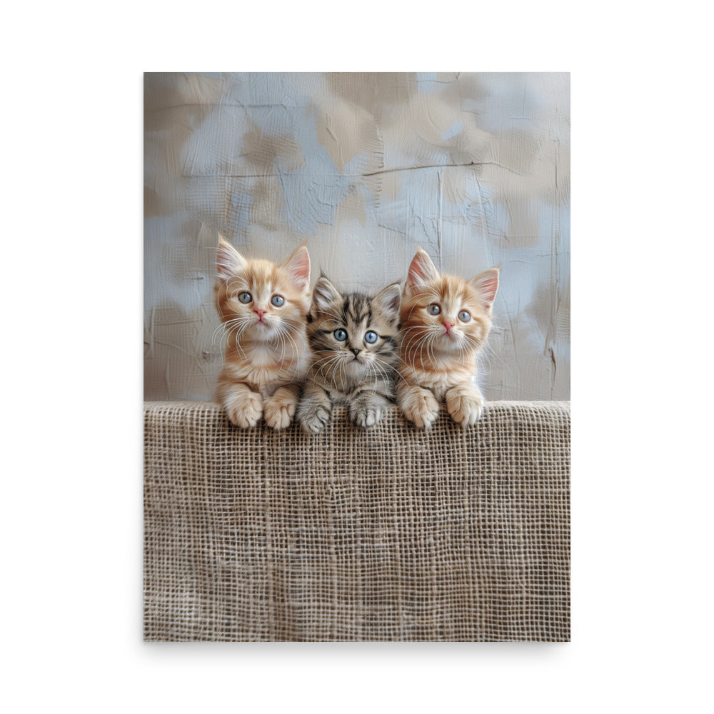 Trio de chatons sur une clôture en jute Affiche