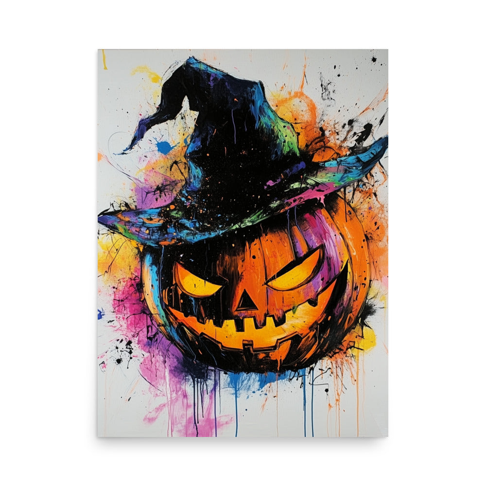 Vibrant Halloween Jack-O'-Lantern Colorful Witch Hat Pumpkin Poster