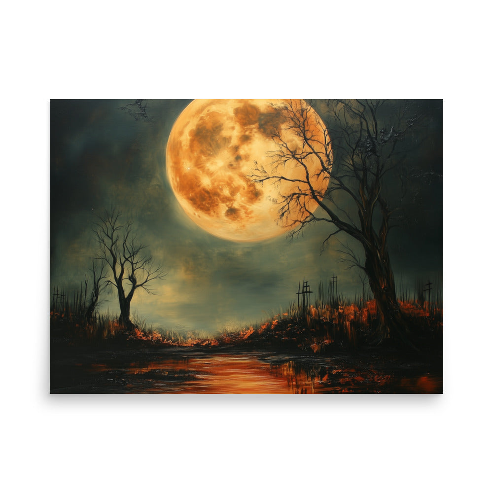 Haunted Full Moon – Spooky Landscape with Reflections Poster