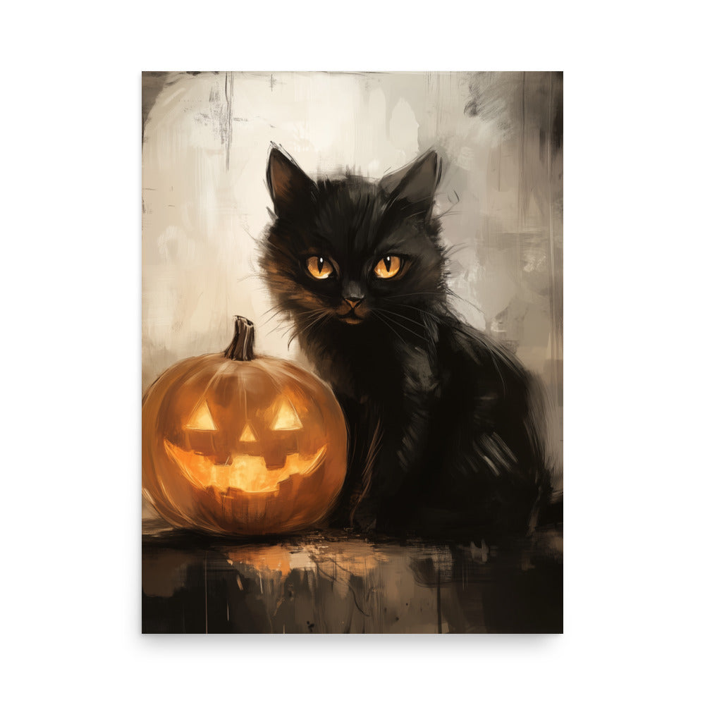 Black Cat and Pumpkin Halloween Portrait Poster