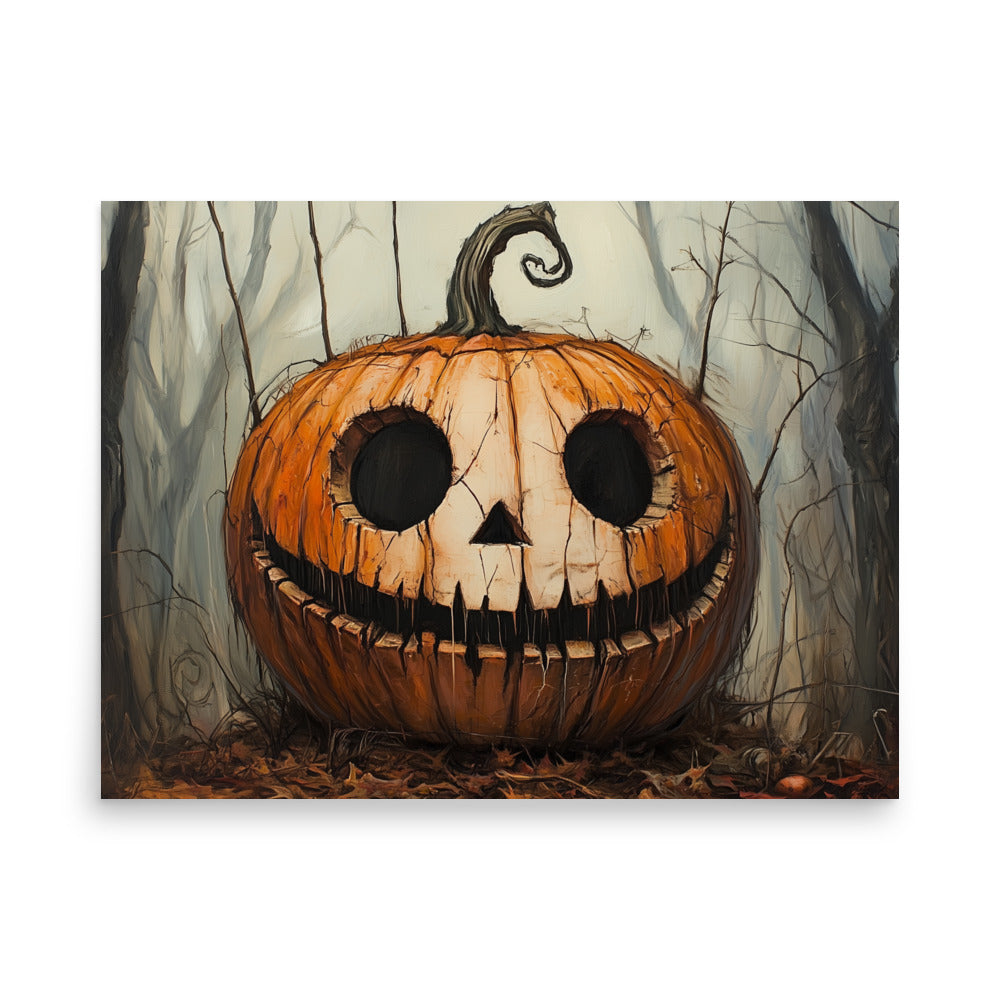 Creepy Smiling Pumpkin in Dark Forest Poster