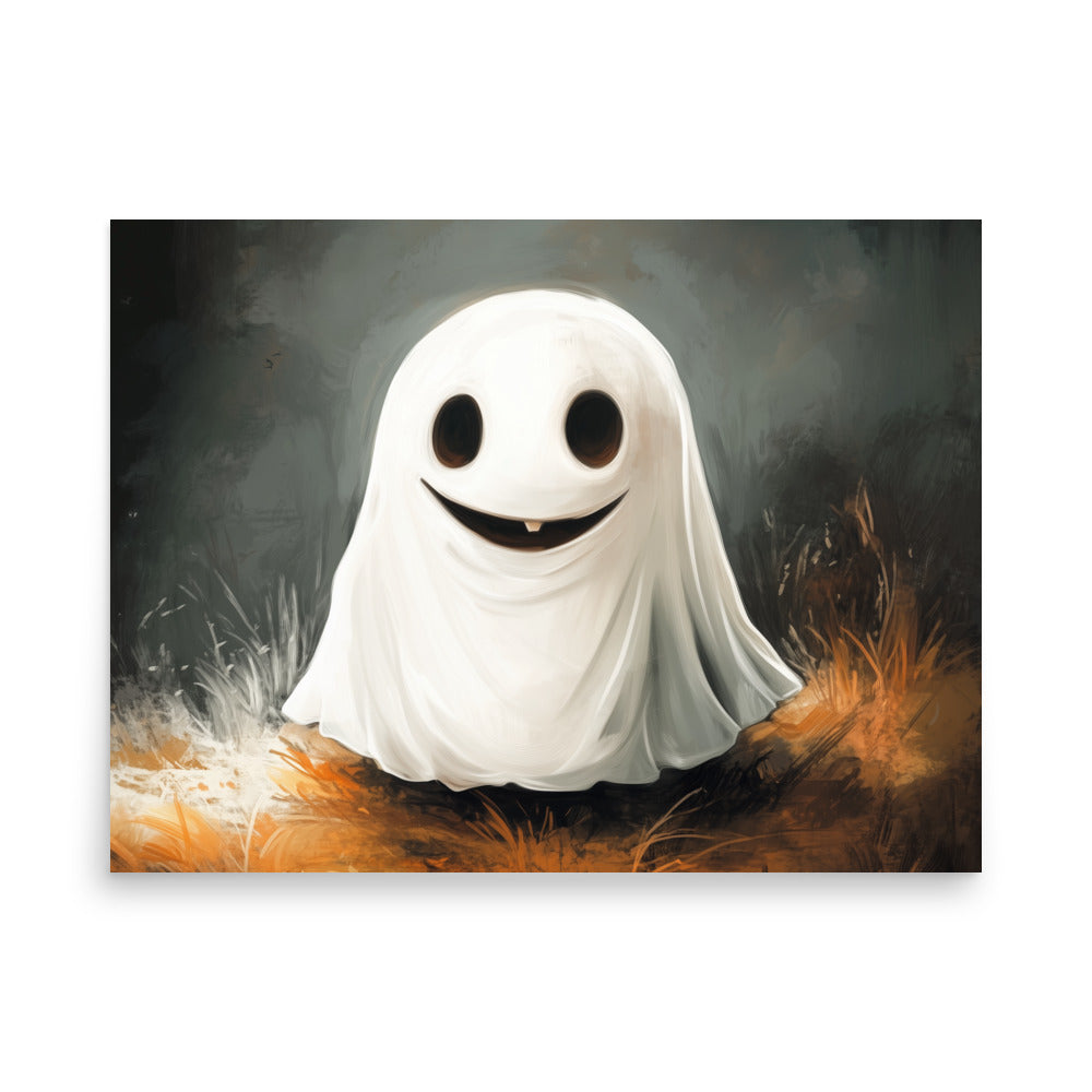 Cute Smiling Ghost in Yellow Grass Poster