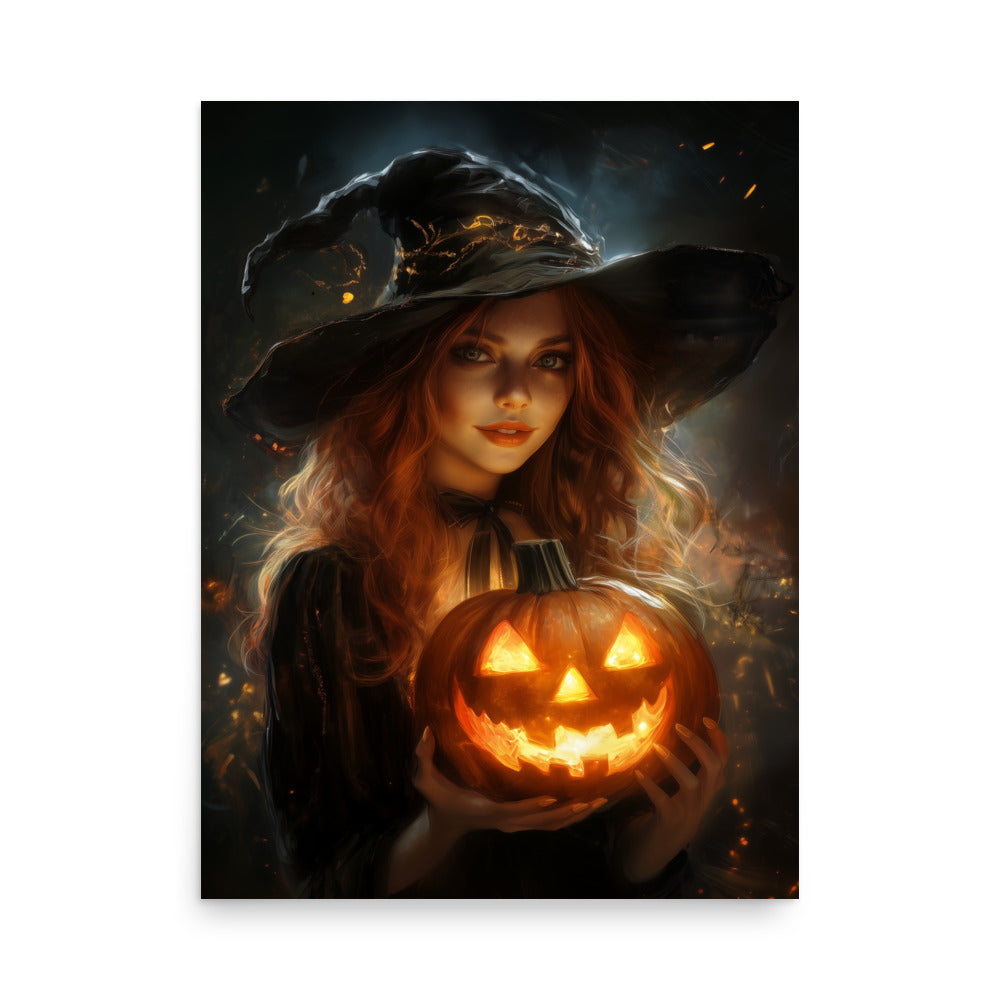 Beautiful Redhead Witch Holding Carved Pumpkin Poster