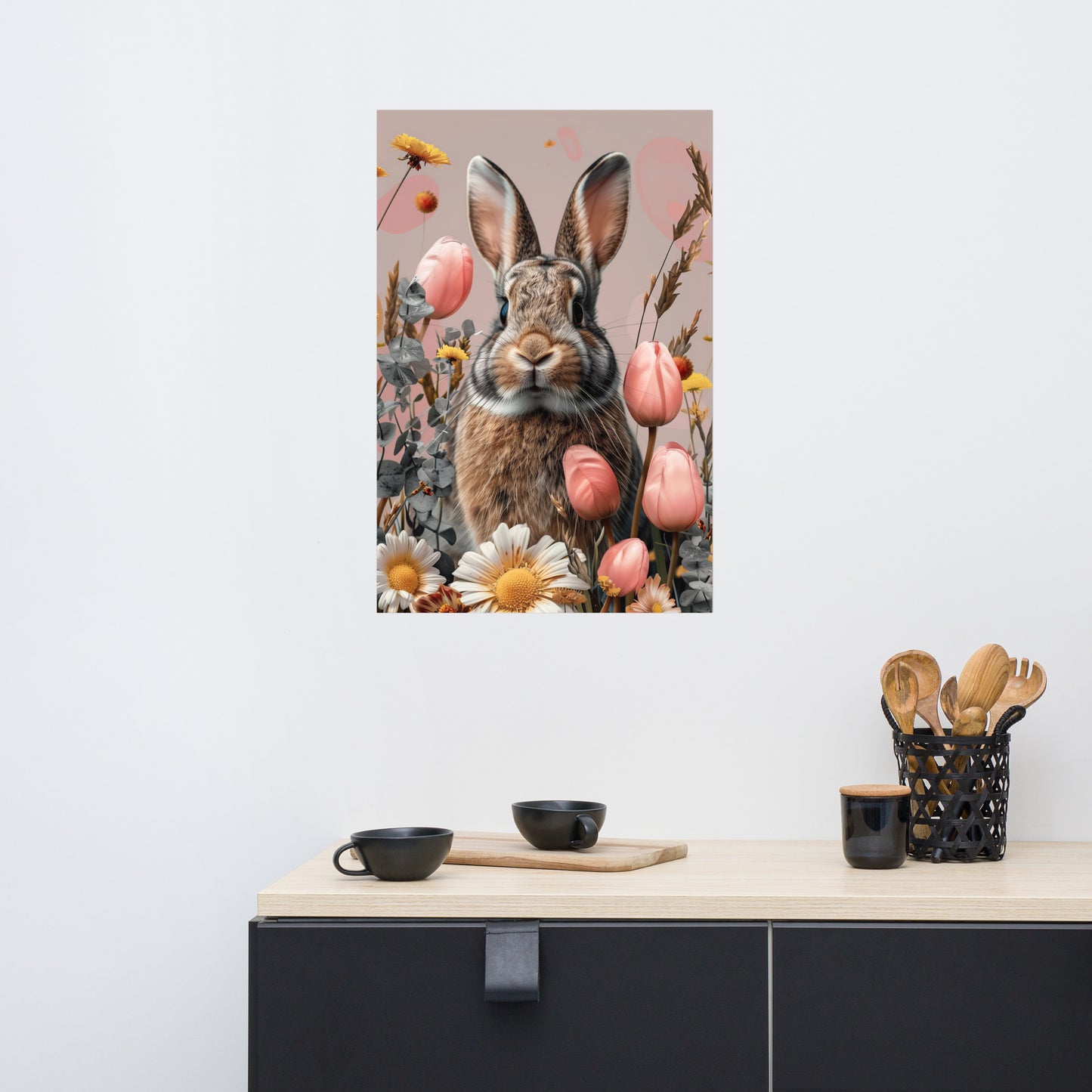 Brown bunny rabbit in tulips Poster