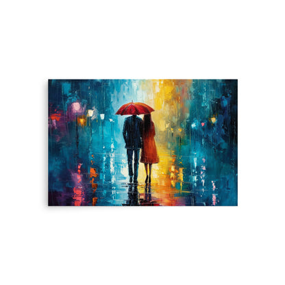 Couple d'amoureux sous la pluie la nuit partageant un parapluie - Affiche