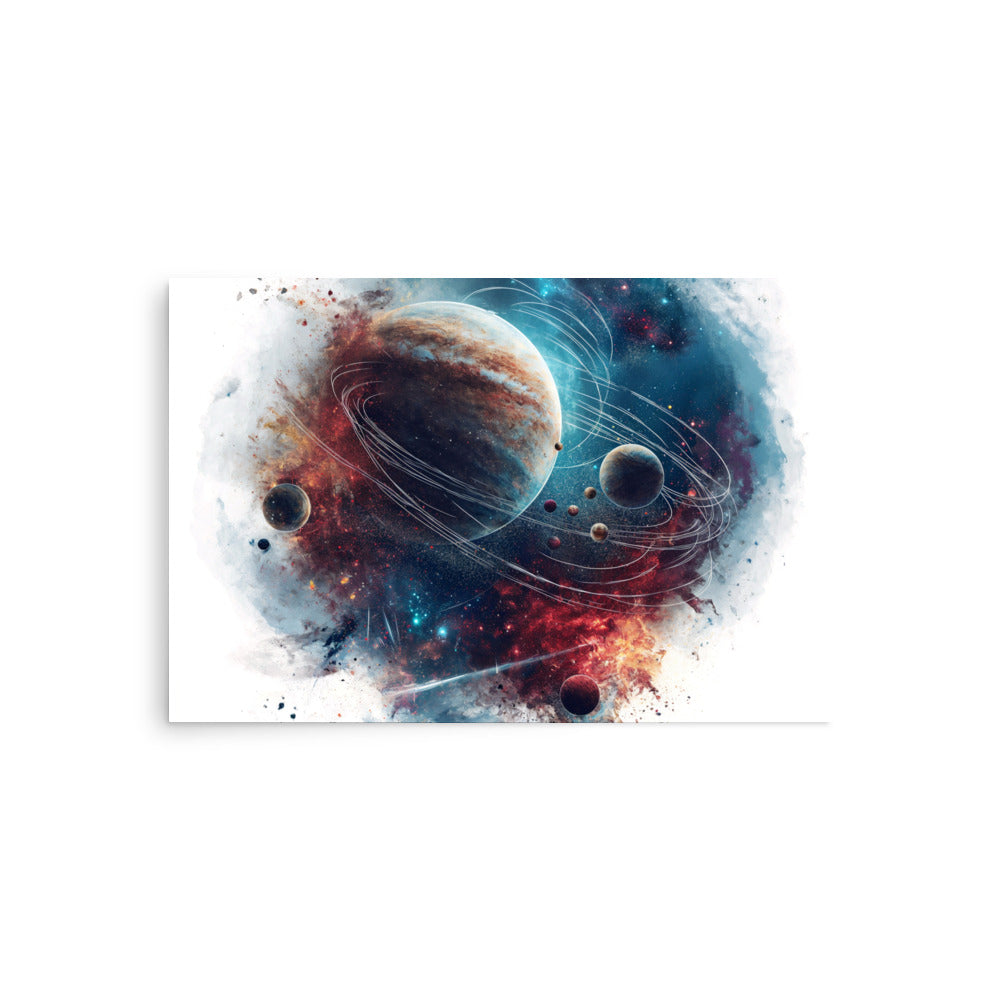 Watercolor space scene with gas giant planet, moons and stars - Poster