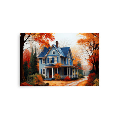 Maison de campagne bleue en automne Affiche