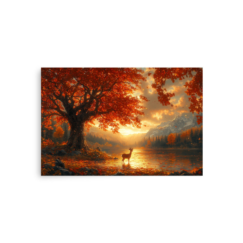 Autumn oak deer lake dawn Poster