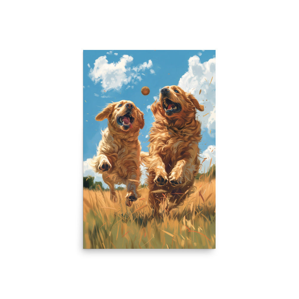 Two golden retriever dogs playing in a field Poster