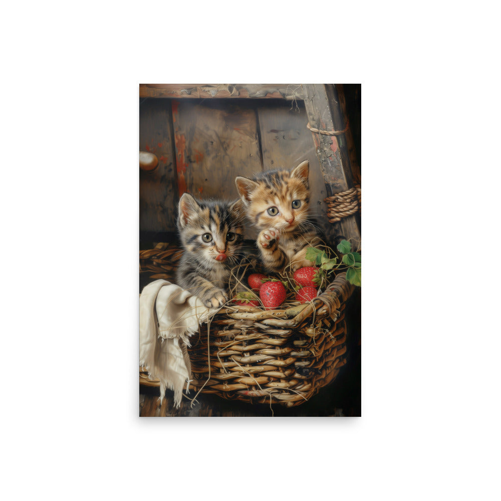 Chatons dans un panier en osier et des fraises Affiche