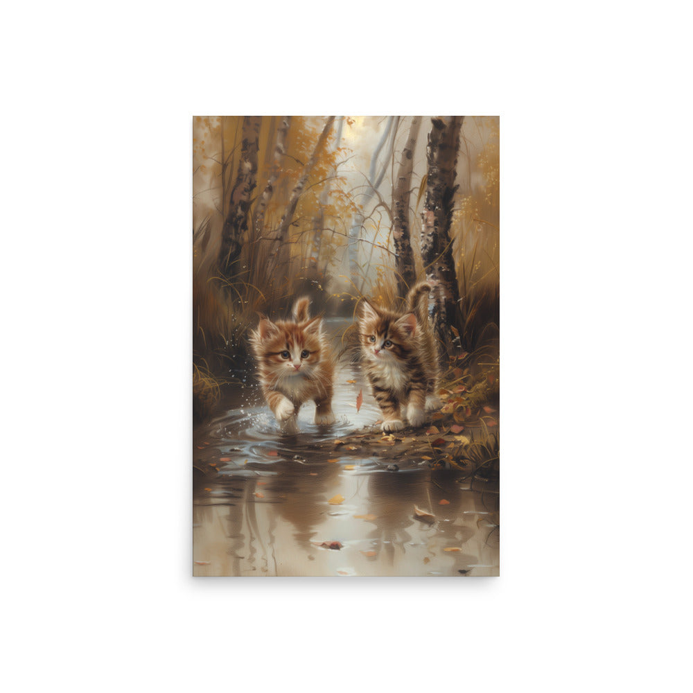 Two tabby kittens exploring the forest Poster