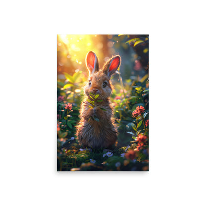 Forêt luxuriante et lapin en dessin animé marron Affiche