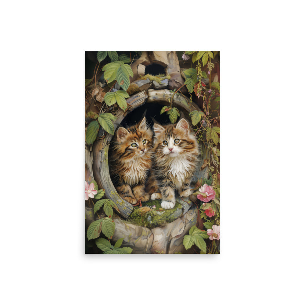 Two tabby kittens in a wooden pipe Poster