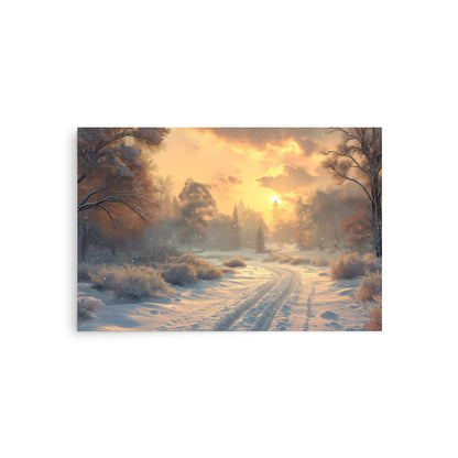 Snowy road at dawn Poster