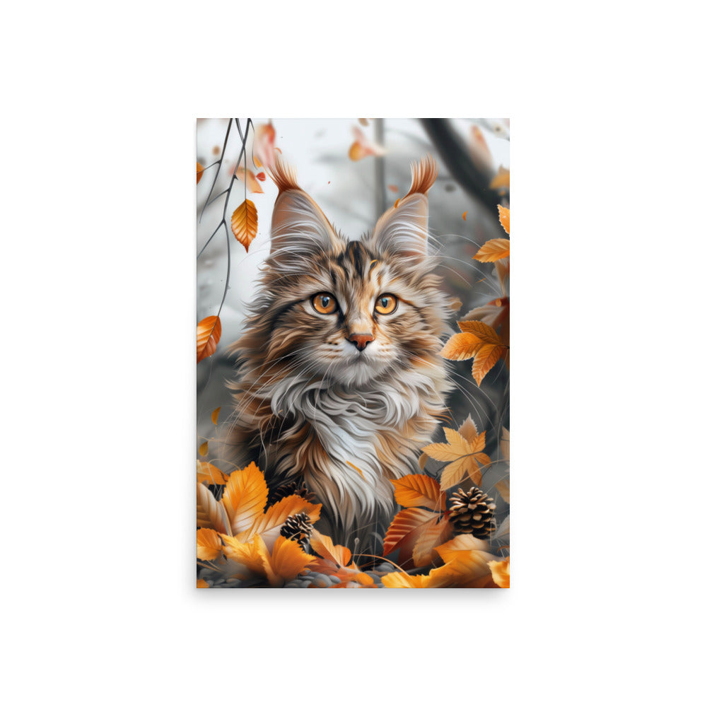 Portrait de chat Maine coon dans les feuilles d'automne Affiche