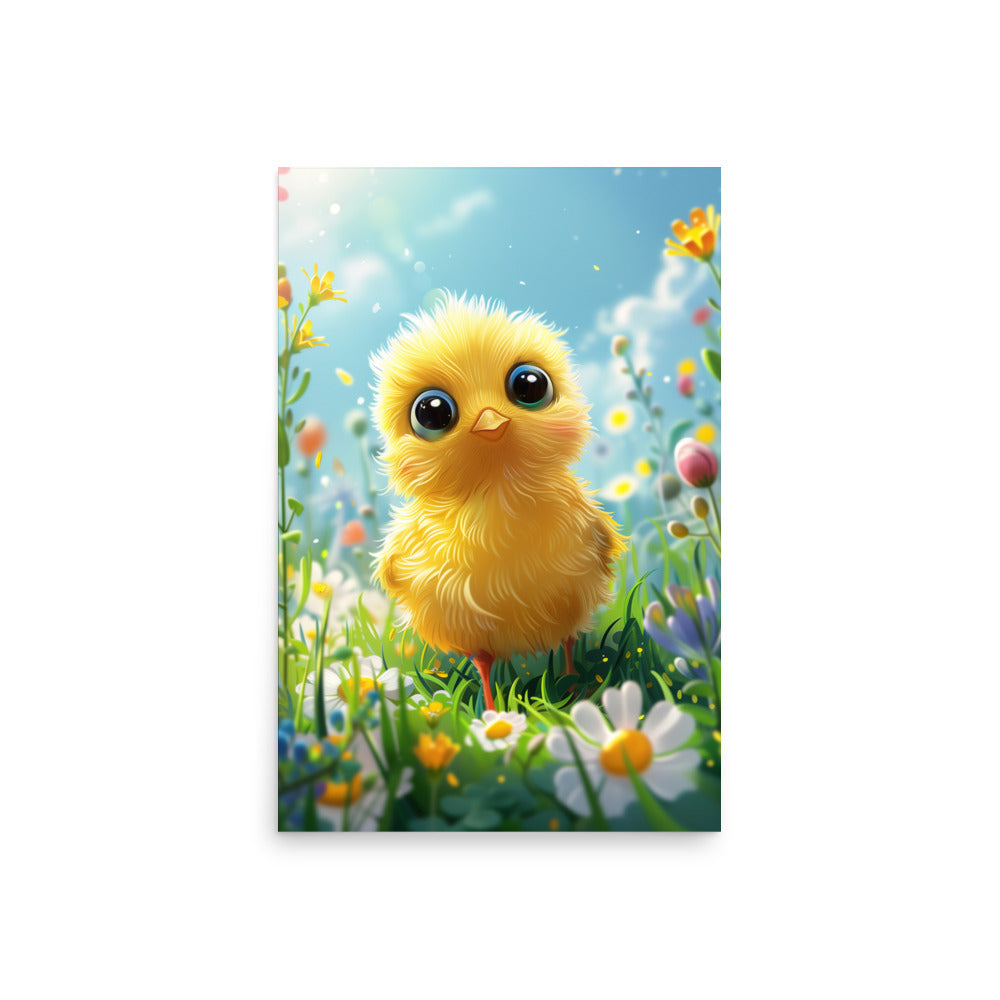 Cartoon yellow chick in summer field Poster