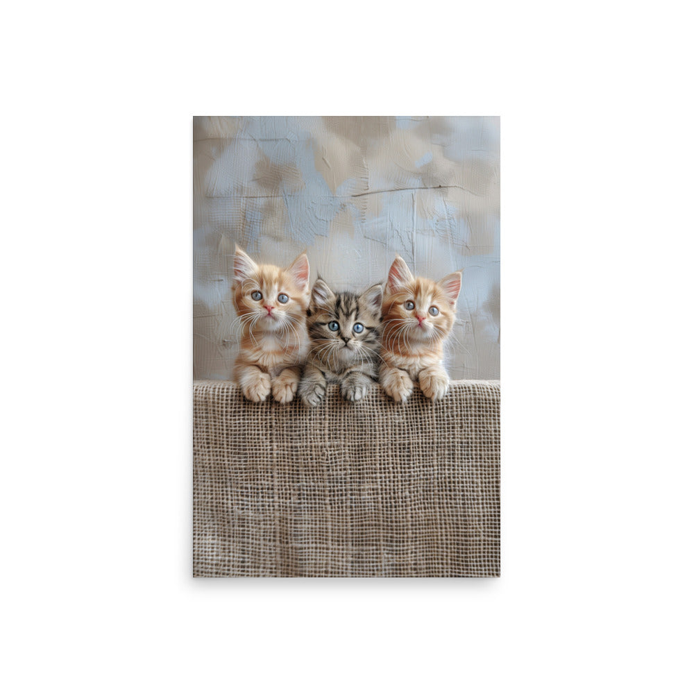 Trio de chatons sur une clôture en jute Affiche