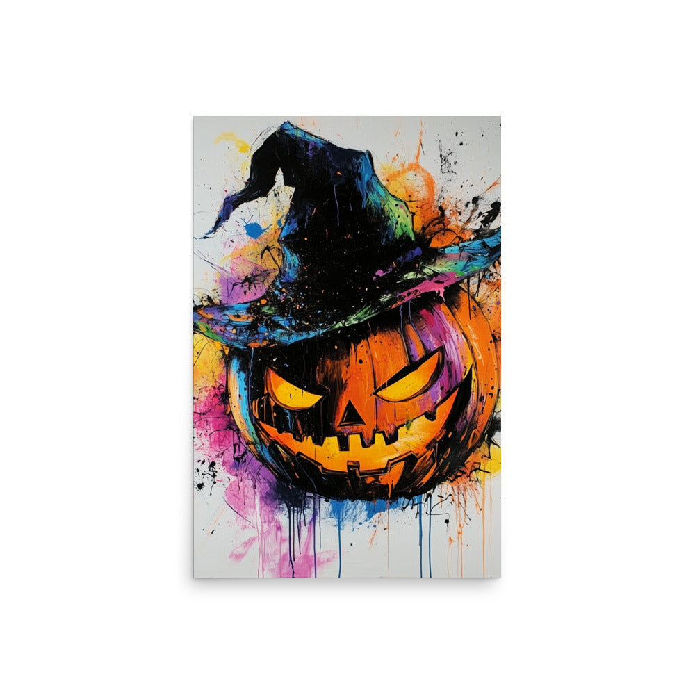 Vibrant Halloween Jack-O'-Lantern Colorful Witch Hat Pumpkin Poster