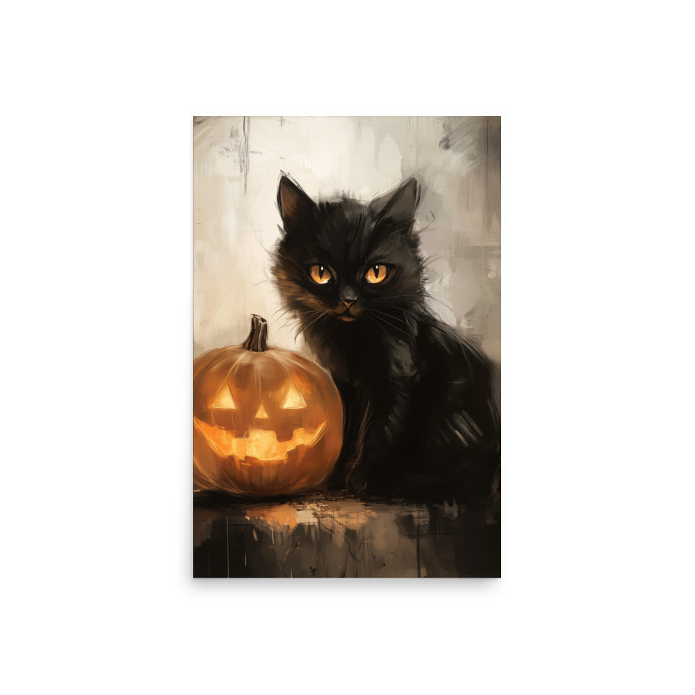 Black Cat and Pumpkin Halloween Portrait Poster