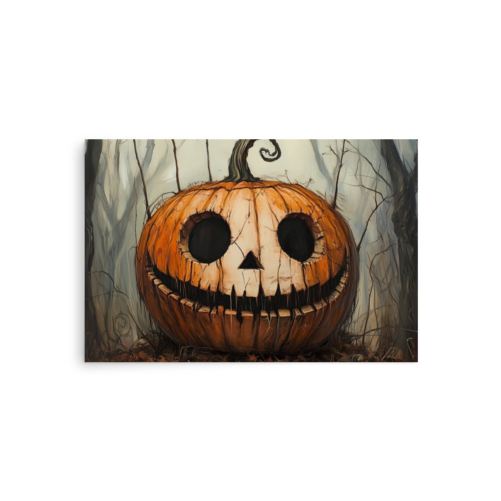 Creepy Smiling Pumpkin in Dark Forest Poster