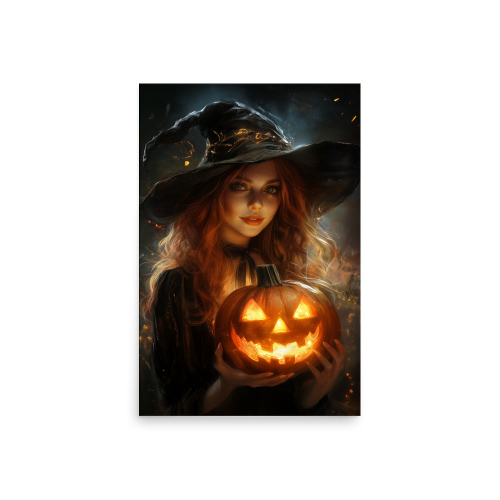 Beautiful Redhead Witch Holding Carved Pumpkin Poster