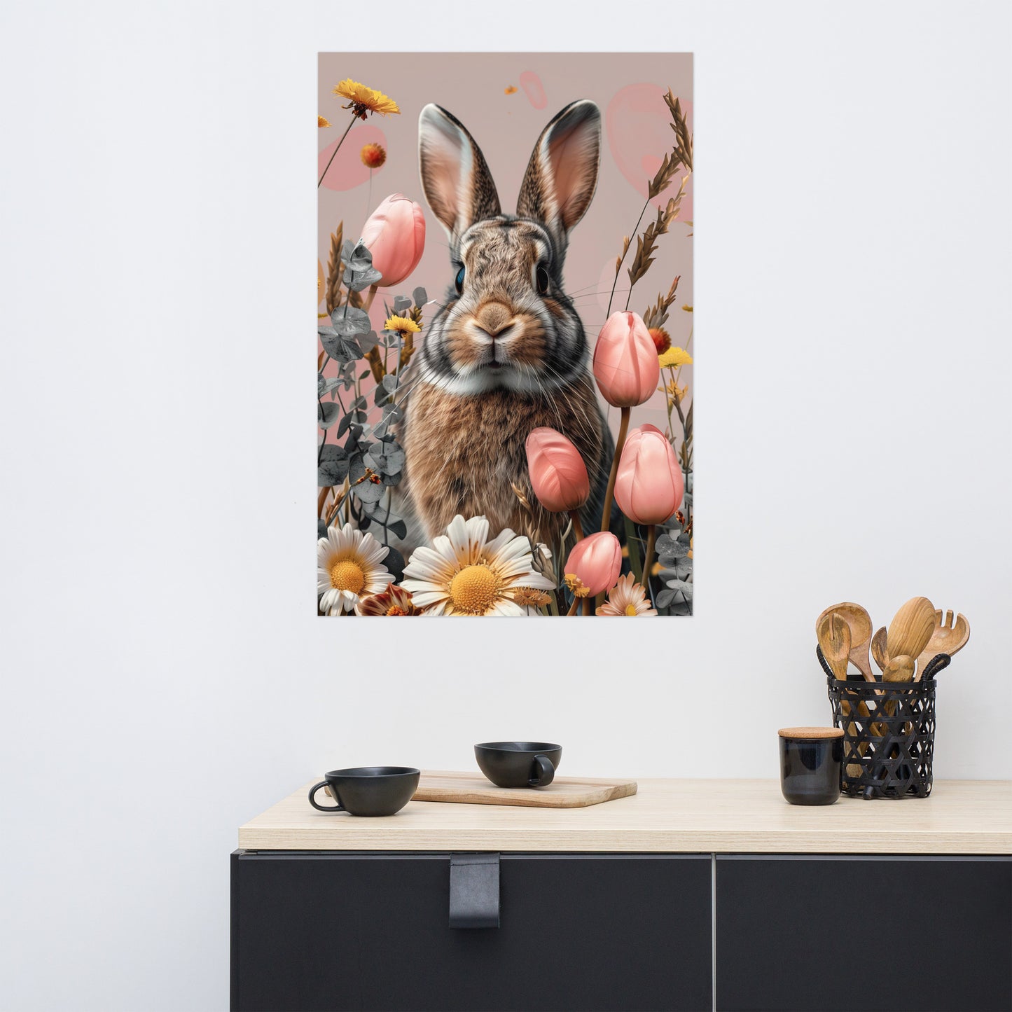 Brown bunny rabbit in tulips Poster