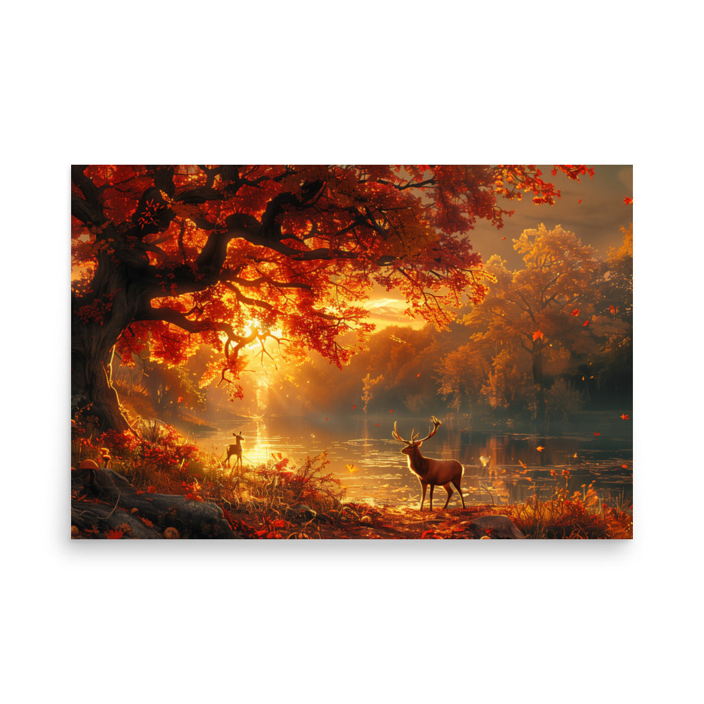 Autumn golden dusk deer Poster